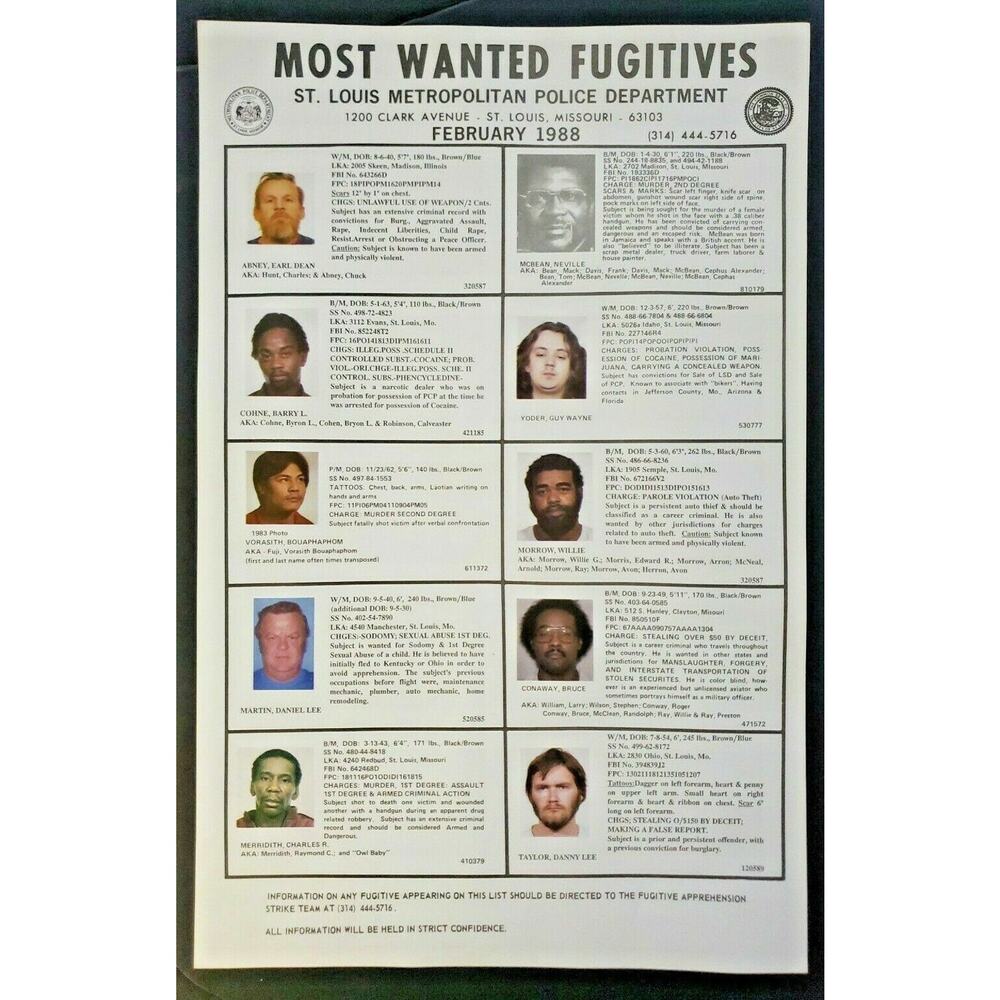 Vintage Feb. 1988 Top Ten Most Wanted Fugitive Poster St. Louis Missouri WS9B